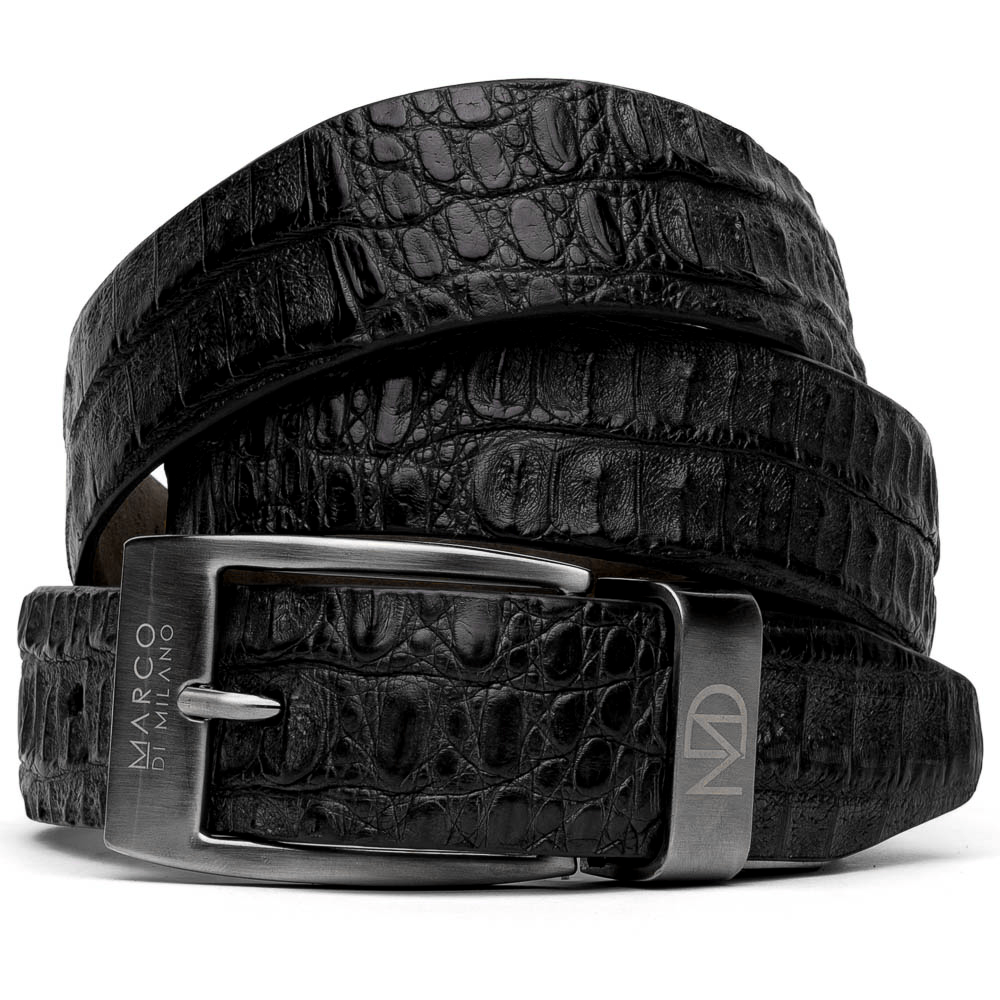 The Riccardo Belt Black by Marco Di Milano features a fuscus-belly crocodile pattern, silver logo buckle, and genuine exotic leather—perfect for refined style.