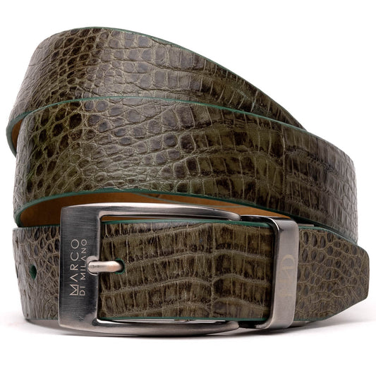 The Riccardo Belt Rustic Olive by Marco Di Milano features rustic olive caiman fuscus leather with a crocodile pattern, finished with a silver buckle engraved with the brand logo and coiled neatly.