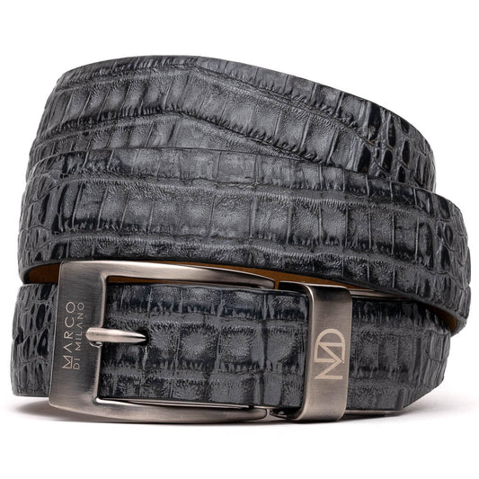 The Riccardo Belt Gray by Marco Di Milano features a genuine caiman fuscus-belly with crocodile pattern, hand-painted finish, and a silver buckle engraved with the brand’s logo—perfect for luxury footwear enthusiasts.
