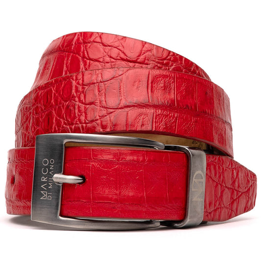 The Riccardo Belt Light Red by Marco Di Milano features crocodile-embossed exotic leather and a silver buckle engraved with the brand’s logo.