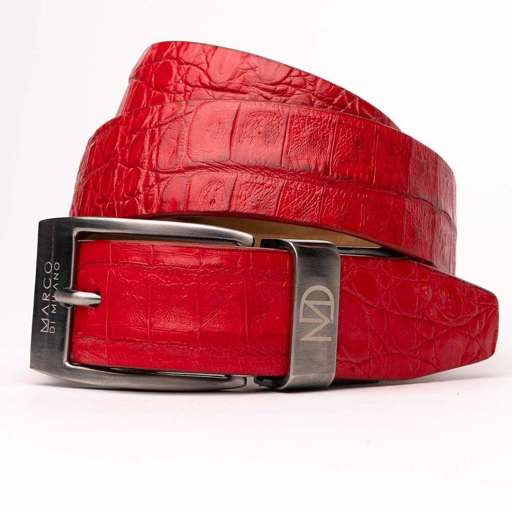 The Riccardo Belt Light Red by Marco Di Milano features crocodile-embossed exotic leather and a silver buckle engraved with the brand’s logo.