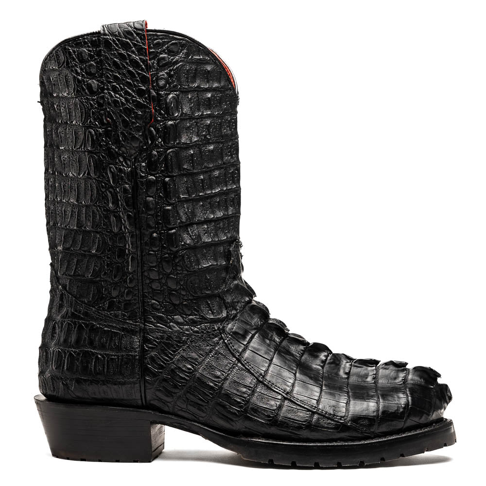 The Marlboro Black by Marco Di Milano: black hornback caiman cowboy boots with a crocodile skin pattern and low heels, shown on a white background.