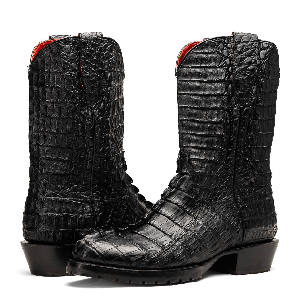 The Marlboro Black by Marco Di Milano: black hornback caiman cowboy boots with a crocodile skin pattern and low heels, shown on a white background.