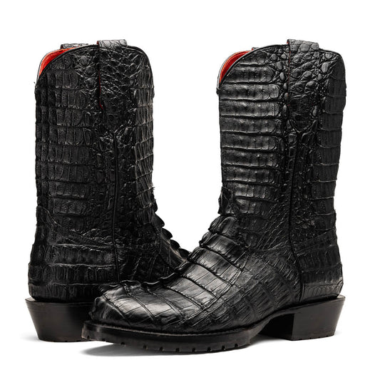 The Marlboro Black by Marco Di Milano: black hornback caiman cowboy boots with a crocodile skin pattern and low heels, shown on a white background.