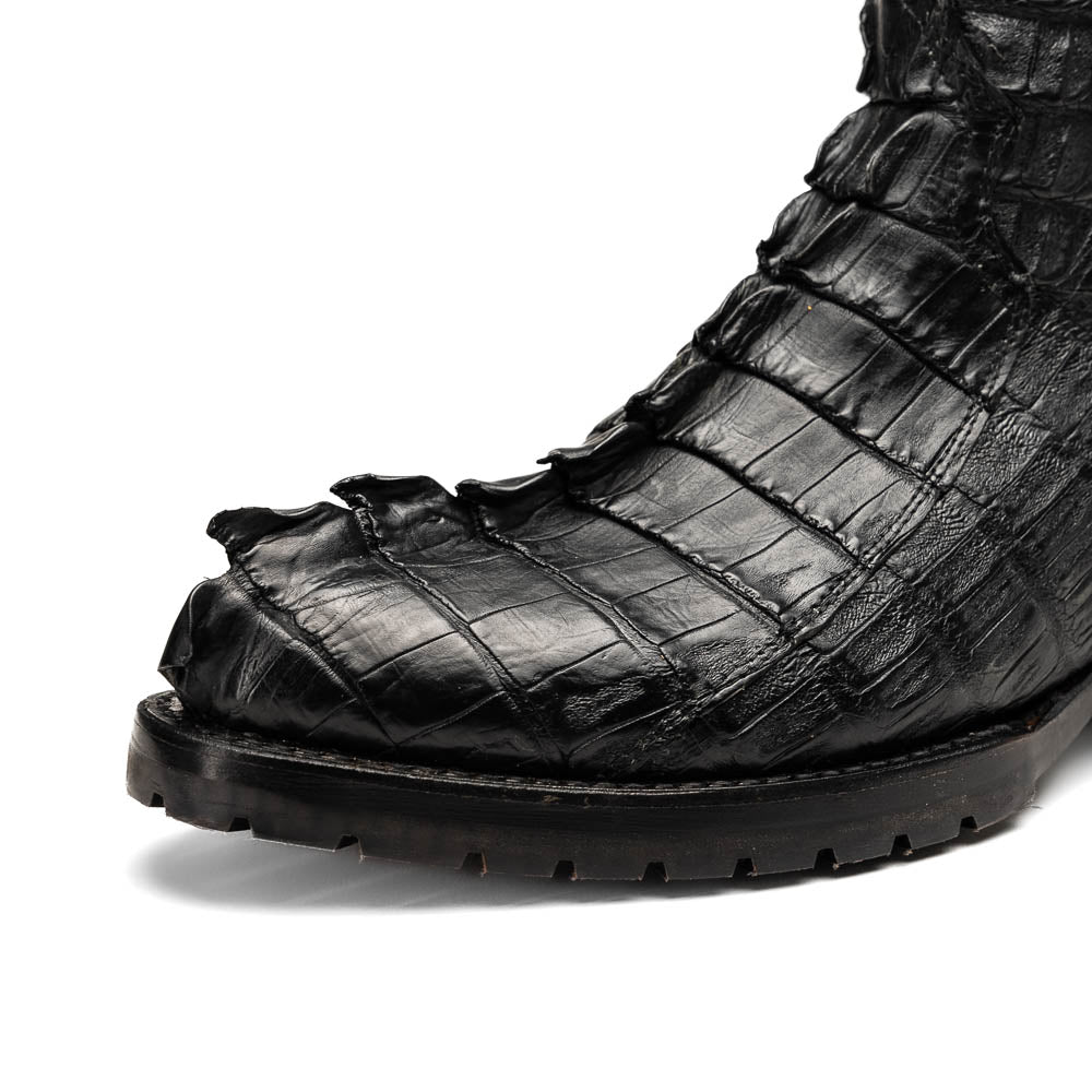 The Marlboro Black by Marco Di Milano: black hornback caiman cowboy boots with a crocodile skin pattern and low heels, shown on a white background.