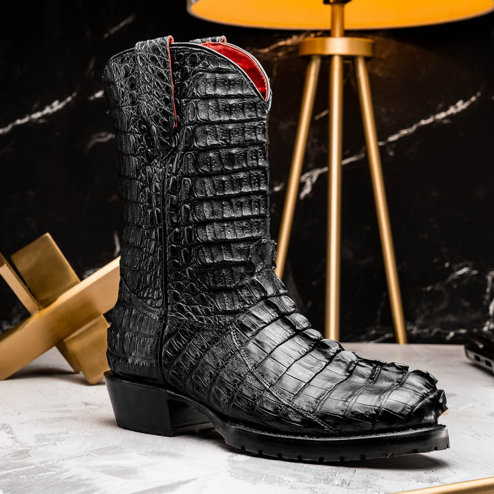 The Marlboro Black by Marco Di Milano: black hornback caiman cowboy boots with a crocodile skin pattern and low heels, shown on a white background.