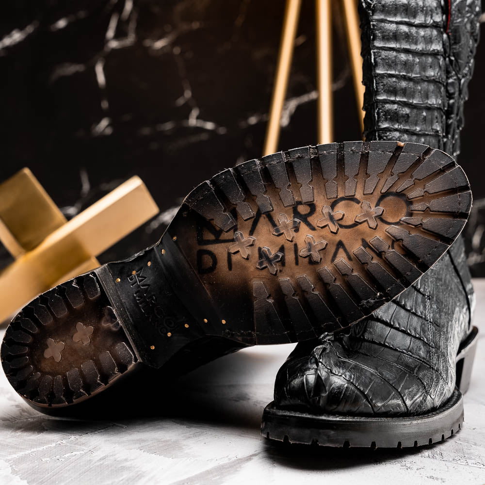 The Marlboro Black by Marco Di Milano: black hornback caiman cowboy boots with a crocodile skin pattern and low heels, shown on a white background.