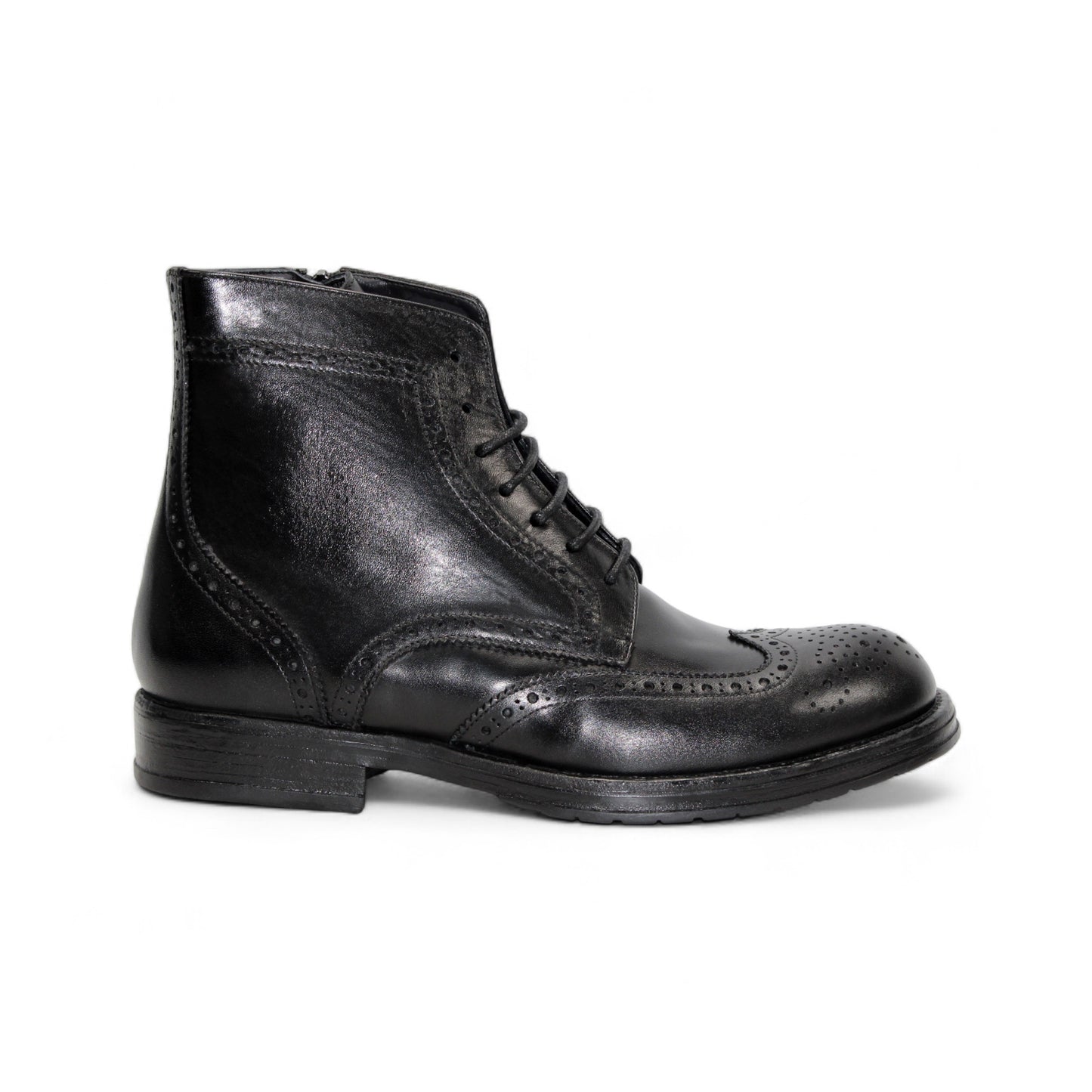 The Firmani Daniel Black ankle boot by Firmani features black genuine leather, brogue detailing, and lace-up closure, shown in a side profile against a white background.
