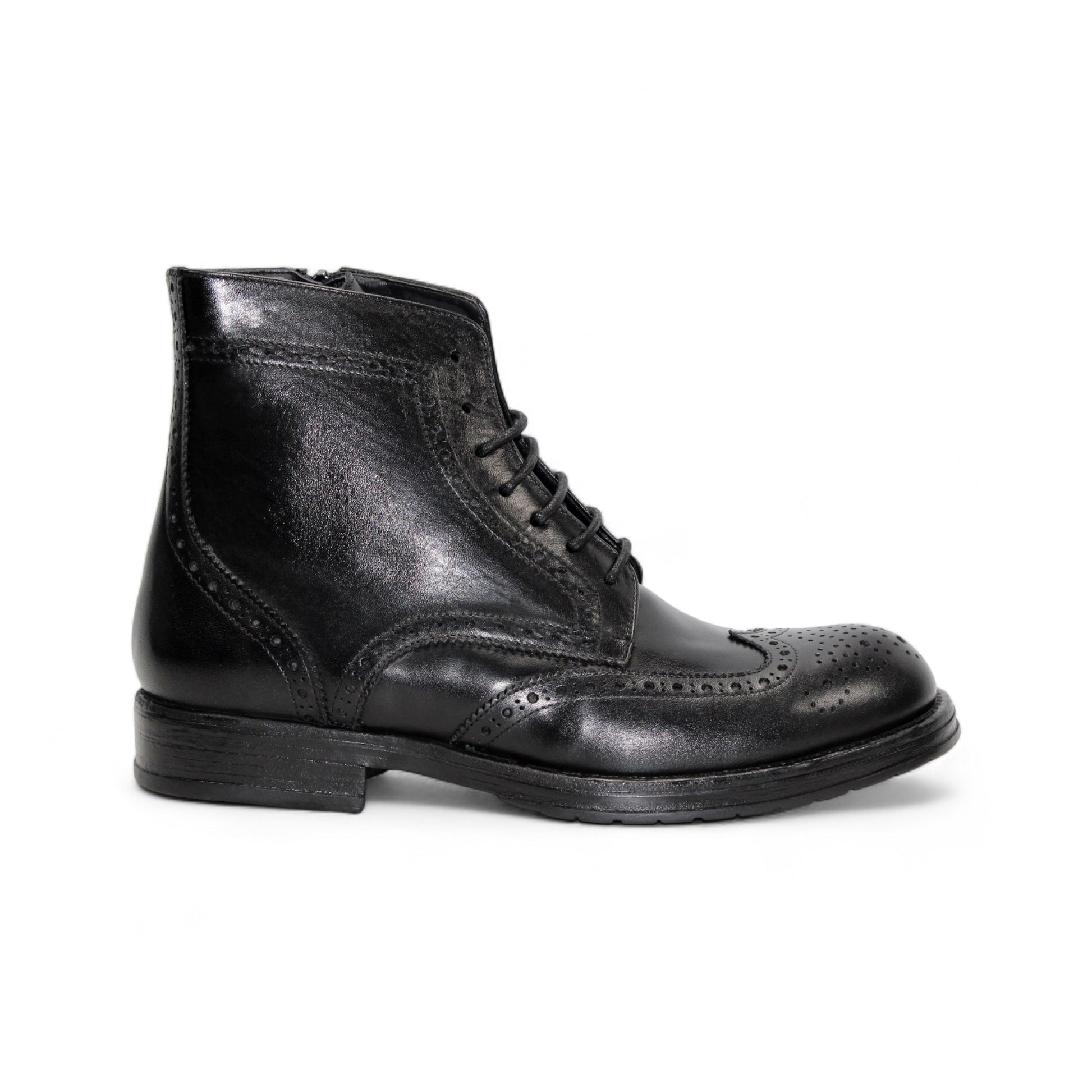 The Firmani Daniel Black ankle boot by Firmani features black genuine leather, brogue detailing, and lace-up closure, shown in a side profile against a white background.