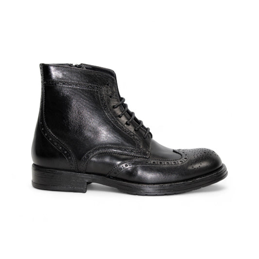 The Firmani Daniel Black ankle boot by Firmani features black genuine leather, brogue detailing, and lace-up closure, shown in a side profile against a white background.