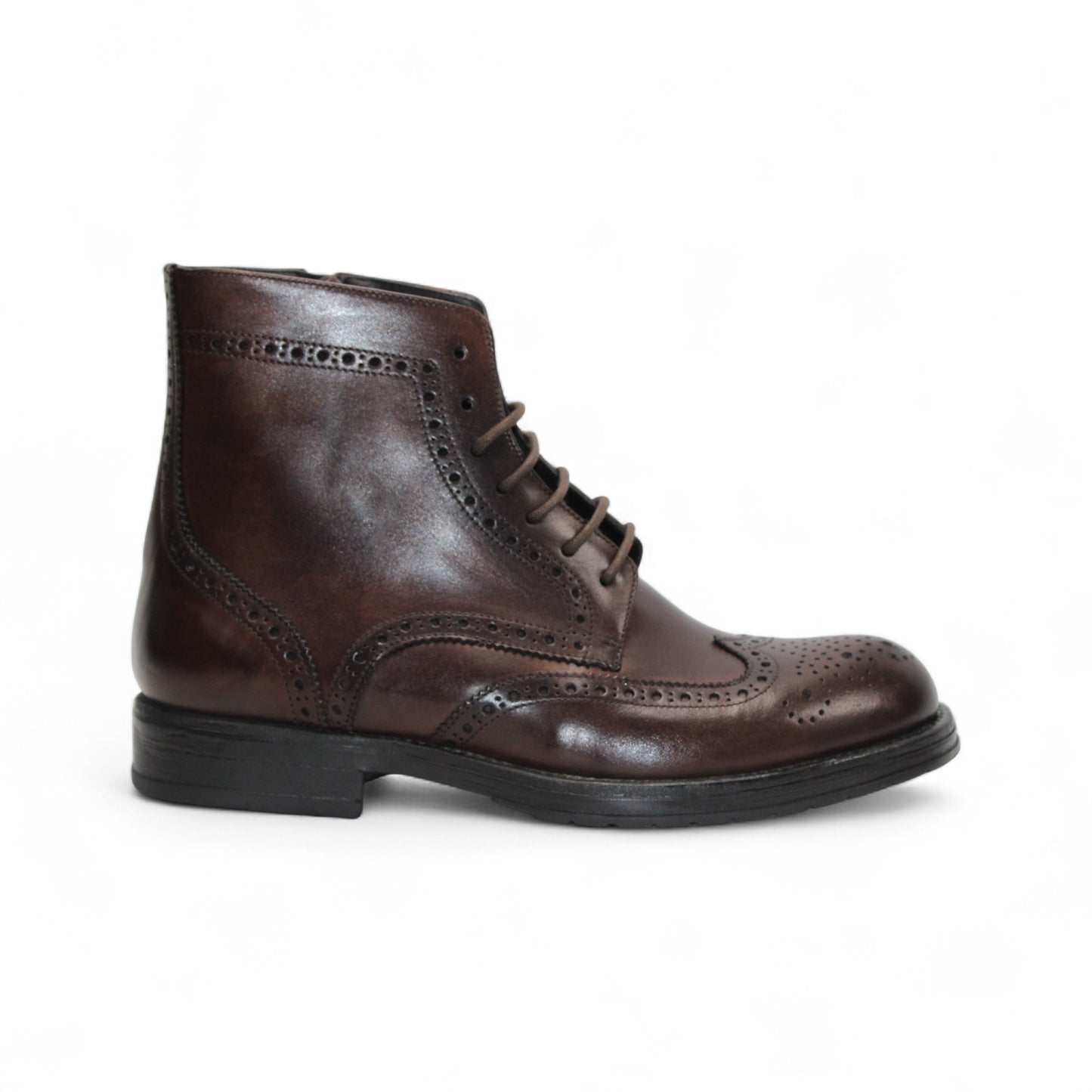 The Firmani Daniel Brown by Firmani is a brown genuine leather brogue boot with wingtip details and laces, displayed side view on a white background.