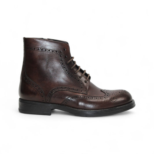 The Firmani Daniel Brown by Firmani is a brown genuine leather brogue boot with wingtip details and laces, displayed side view on a white background.