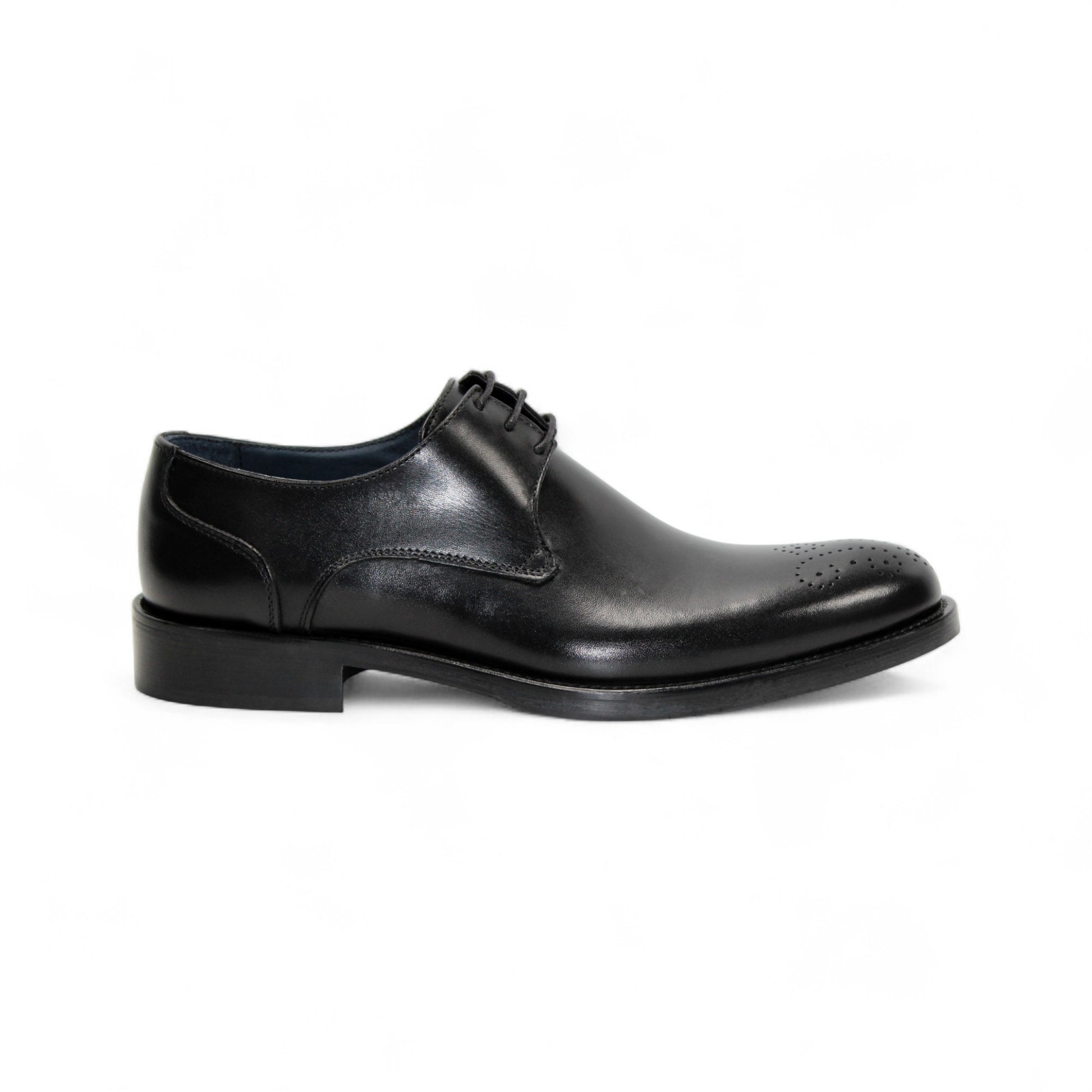 The Firmani David Black by Firmani is a black Italian leather dress shoe with laces and a low heel, shown in a side view on a white background, highlighting its timeless craftsmanship.