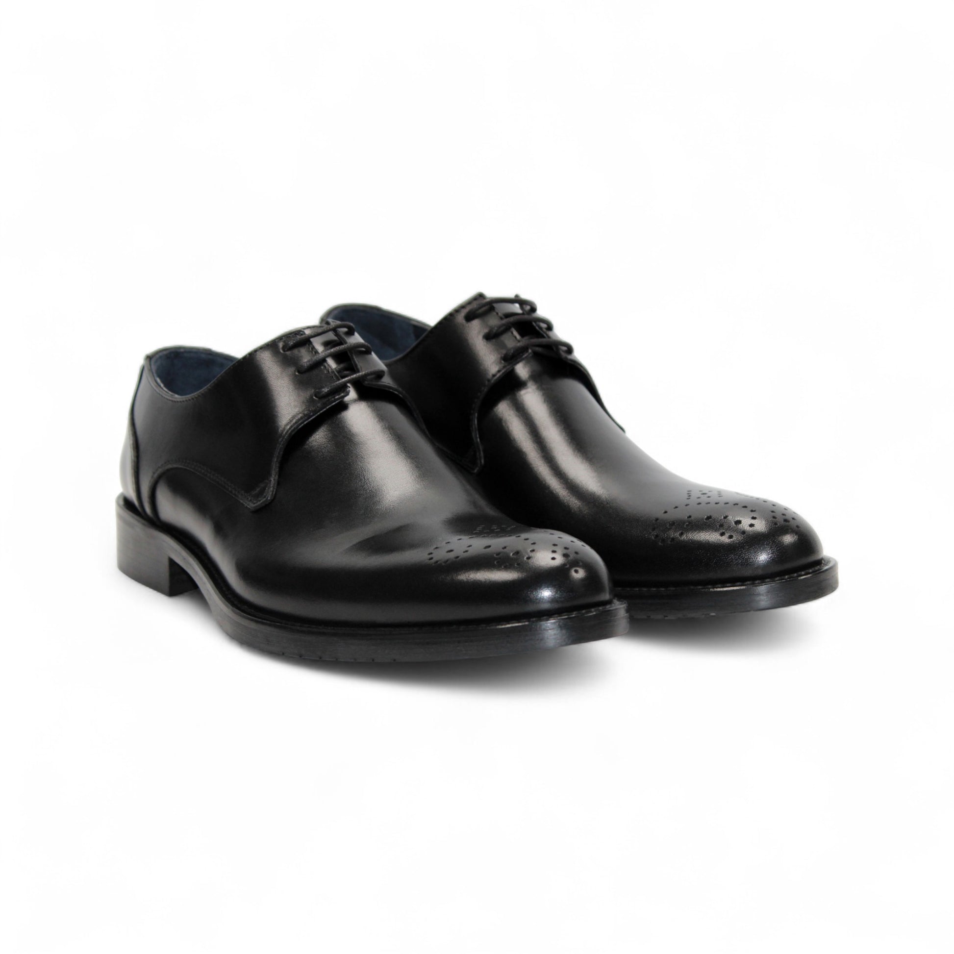 The Firmani David Black by Firmani is a black Italian leather dress shoe with laces and a low heel, shown in a side view on a white background, highlighting its timeless craftsmanship.
