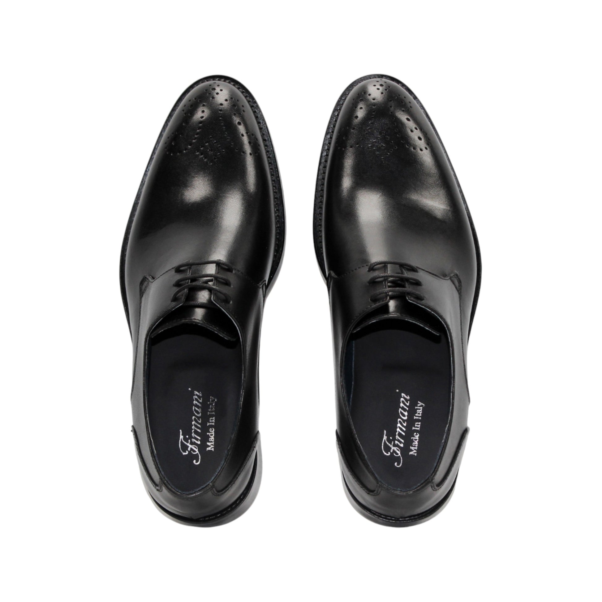 The Firmani David Black by Firmani is a black Italian leather dress shoe with laces and a low heel, shown in a side view on a white background, highlighting its timeless craftsmanship.