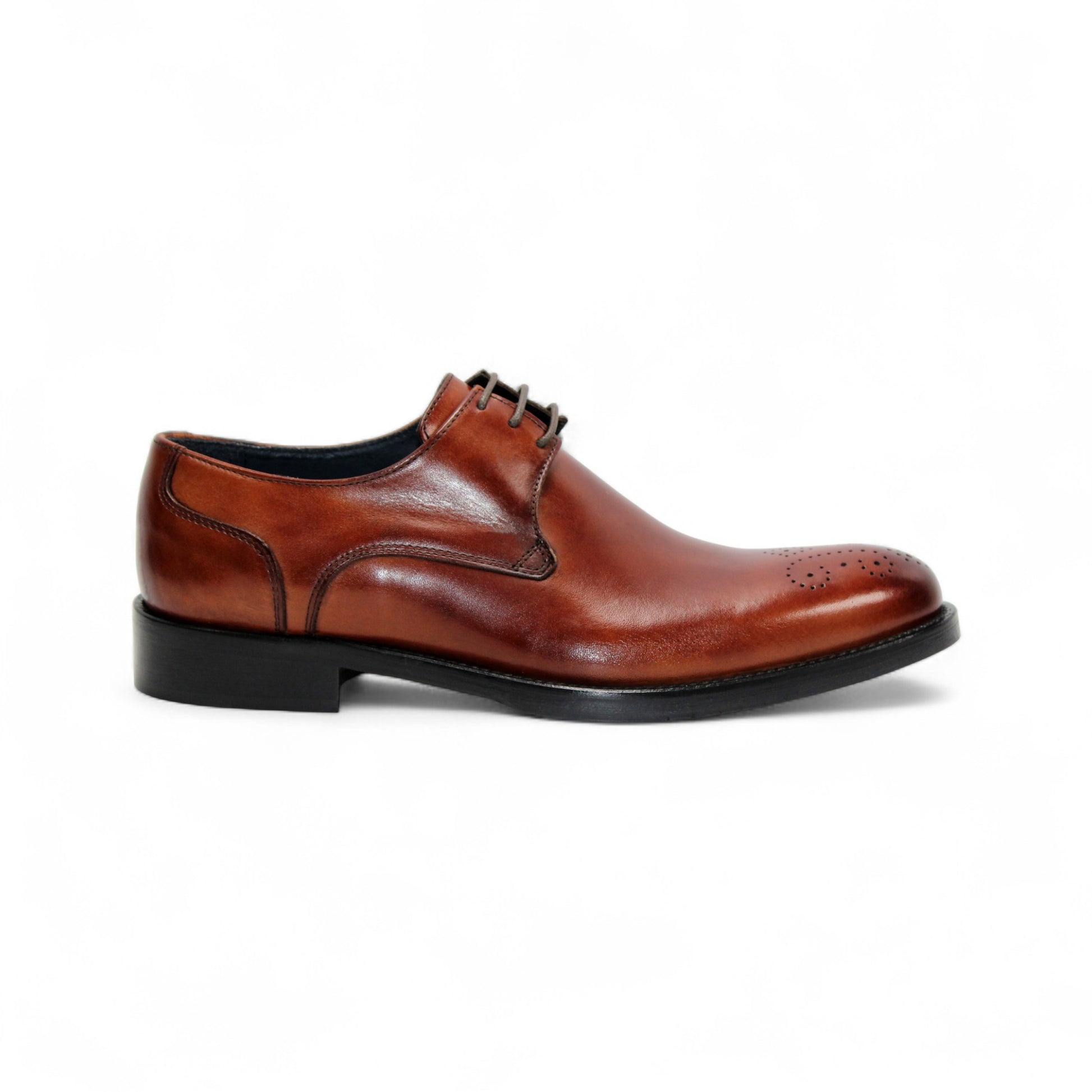 The Firmani David Brandy by Firmani is a brown genuine leather dress shoe with laces and decorative toe perforations, shown in side profile against a white background.