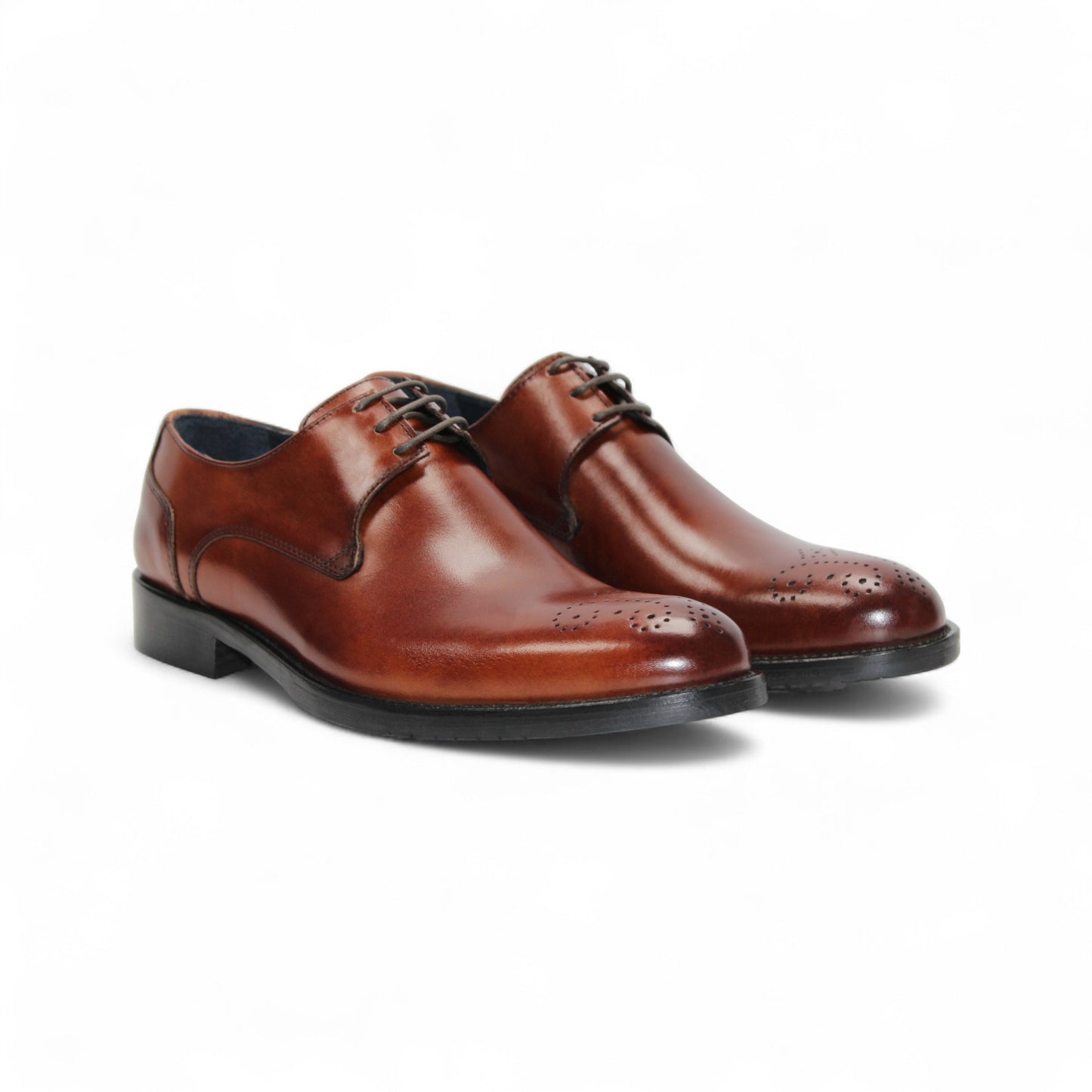 The Firmani David Brandy by Firmani is a brown genuine leather dress shoe with laces and decorative toe perforations, shown in side profile against a white background.