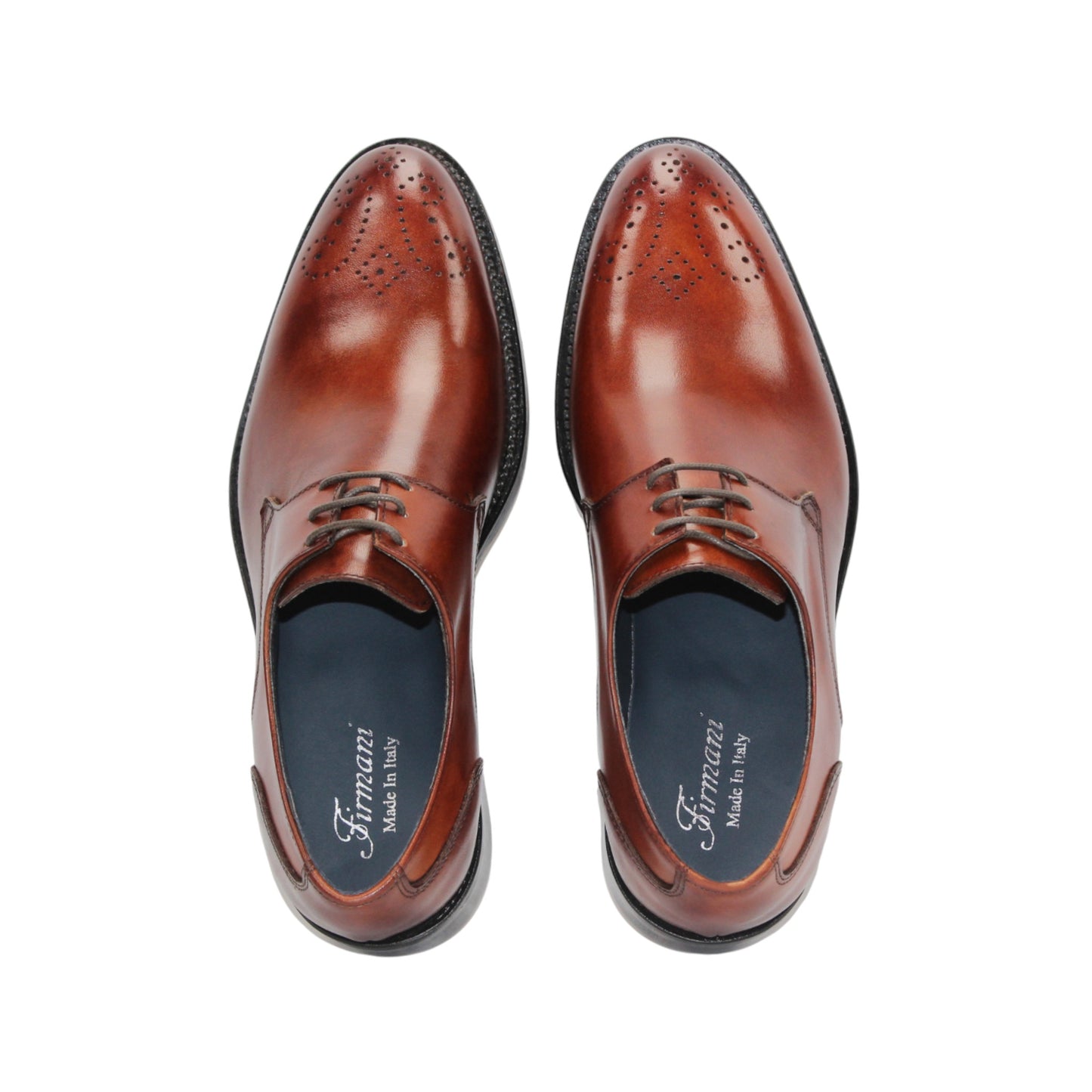 The Firmani David Brandy by Firmani is a brown genuine leather dress shoe with laces and decorative toe perforations, shown in side profile against a white background.