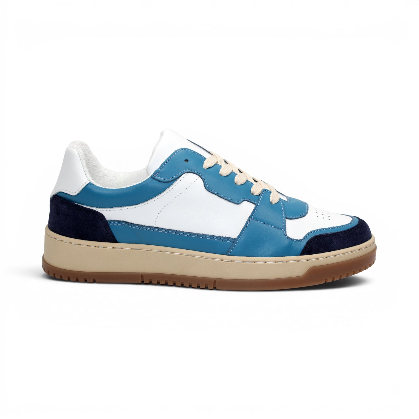 The Duca Di Matiste Duca DC80 Blue Combo is a luxury low-top casual shoe in blue, white, and beige with a gum sole, white laces, and a mix of calf leather and suede materials.