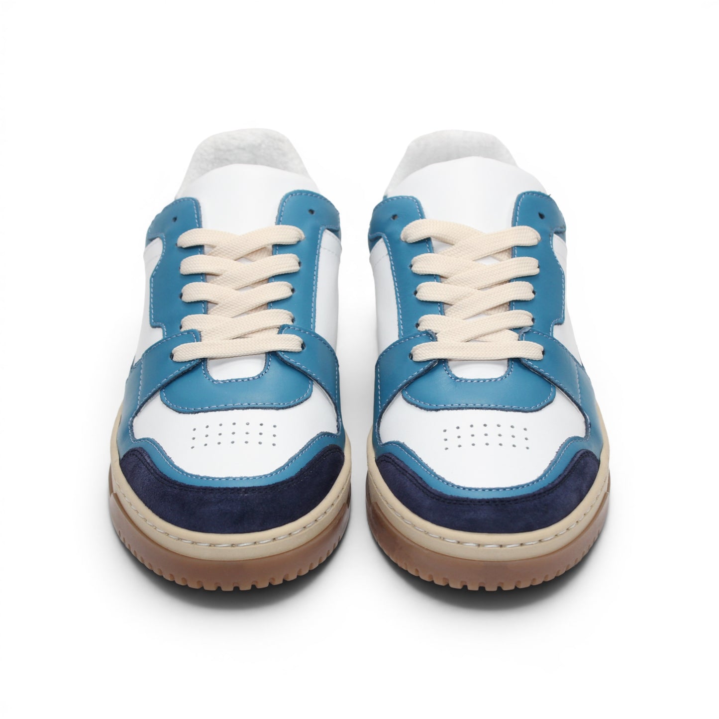 The Duca Di Matiste Duca DC80 Blue Combo is a luxury low-top casual shoe in blue, white, and beige with a gum sole, white laces, and a mix of calf leather and suede materials.