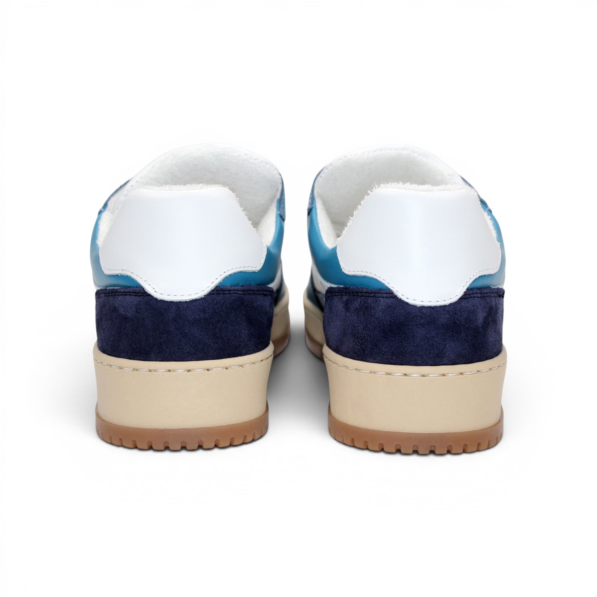 The Duca Di Matiste Duca DC80 Blue Combo is a luxury low-top casual shoe in blue, white, and beige with a gum sole, white laces, and a mix of calf leather and suede materials.