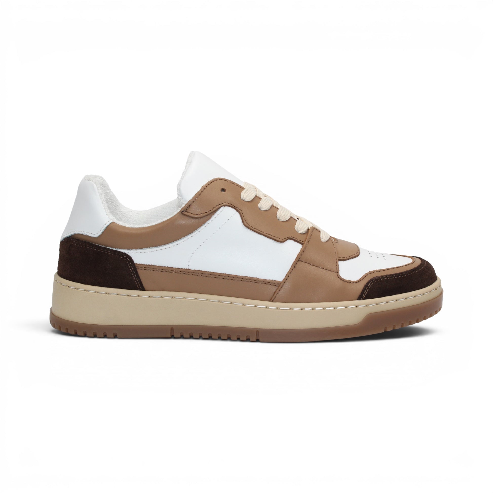 The Duca Di Matiste Duca DC80 Brown Combo is a low-top sneaker featuring a white upper, brown and tan overlays, beige laces, and a light brown sole, crafted from premium calf leather for casual elegance.