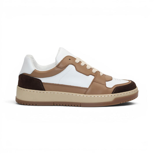 The Duca Di Matiste Duca DC80 Brown Combo is a low-top sneaker featuring a white upper, brown and tan overlays, beige laces, and a light brown sole, crafted from premium calf leather for casual elegance.