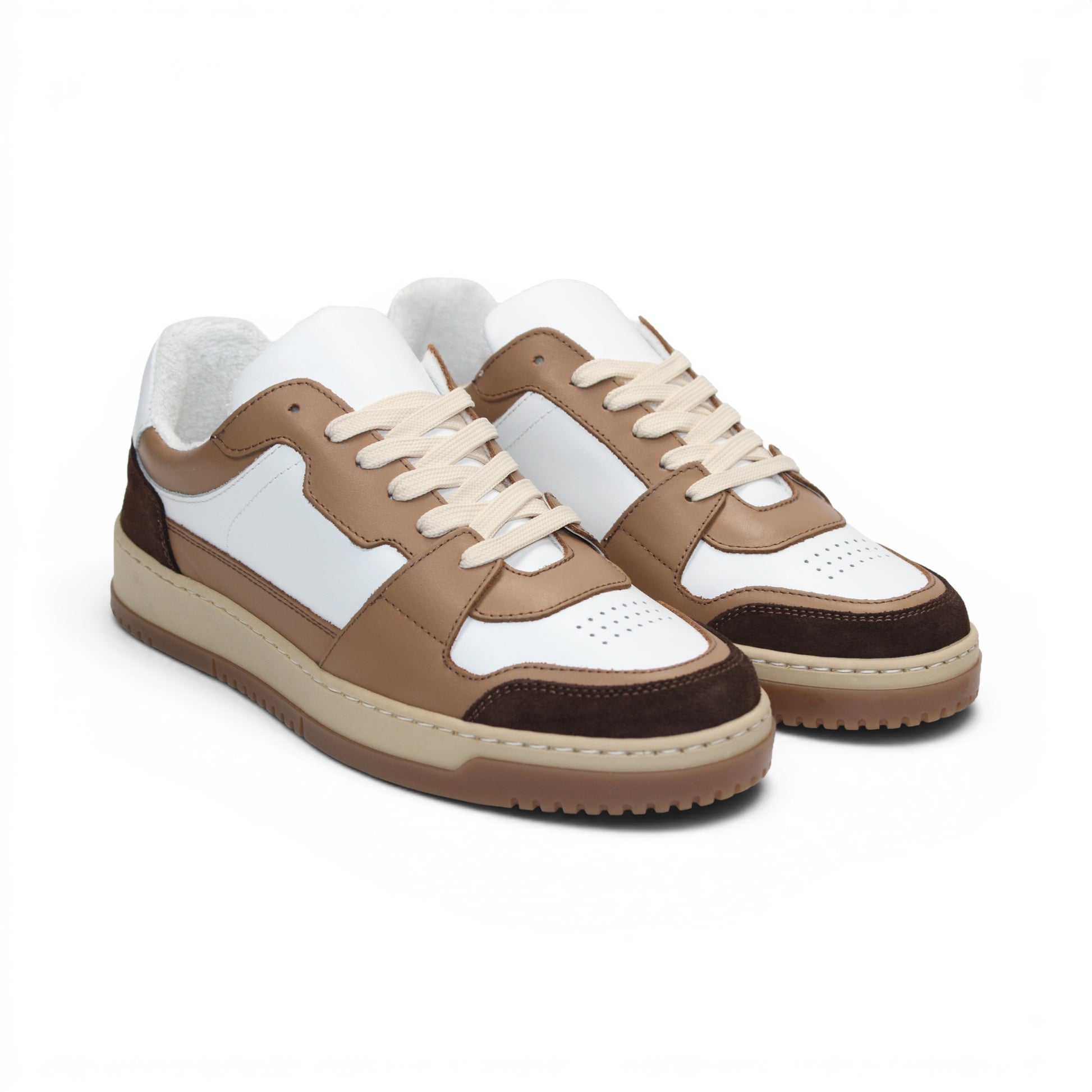 The Duca Di Matiste Duca DC80 Brown Combo is a low-top sneaker featuring a white upper, brown and tan overlays, beige laces, and a light brown sole, crafted from premium calf leather for casual elegance.