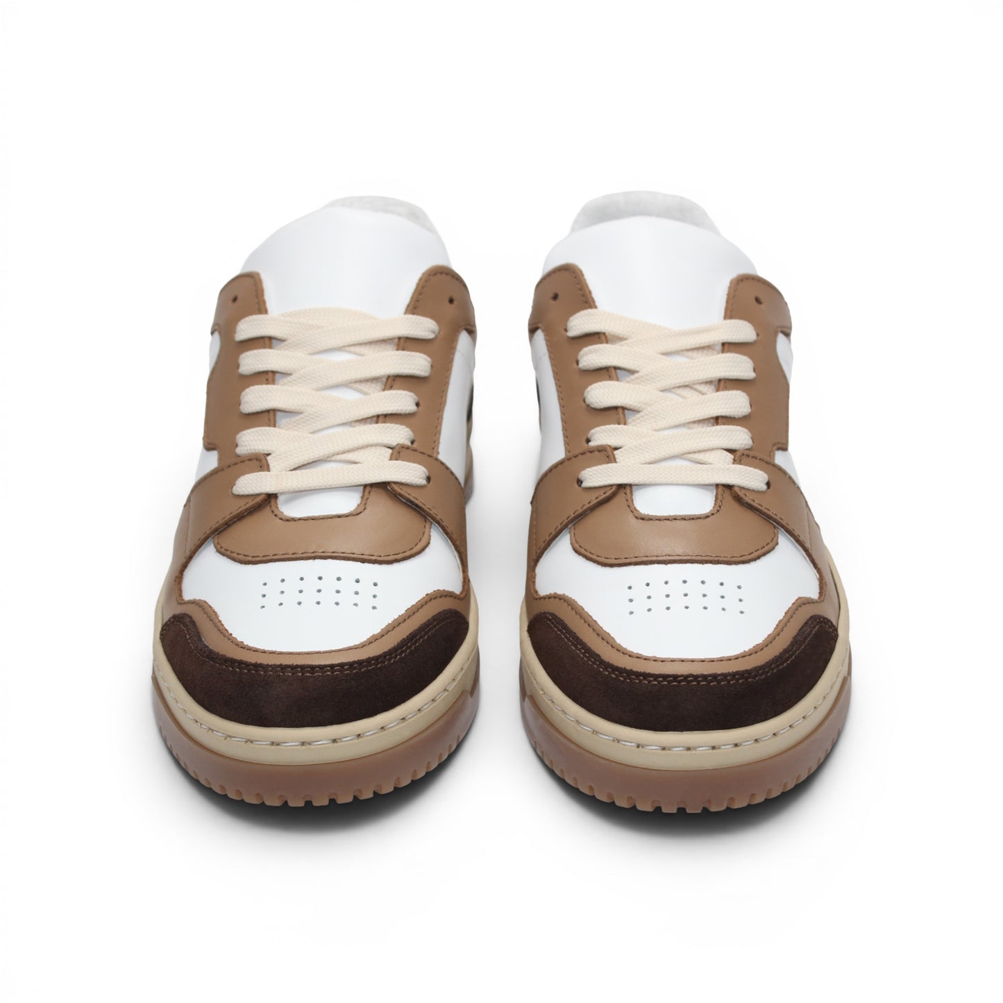 The Duca Di Matiste Duca DC80 Brown Combo is a low-top sneaker featuring a white upper, brown and tan overlays, beige laces, and a light brown sole, crafted from premium calf leather for casual elegance.
