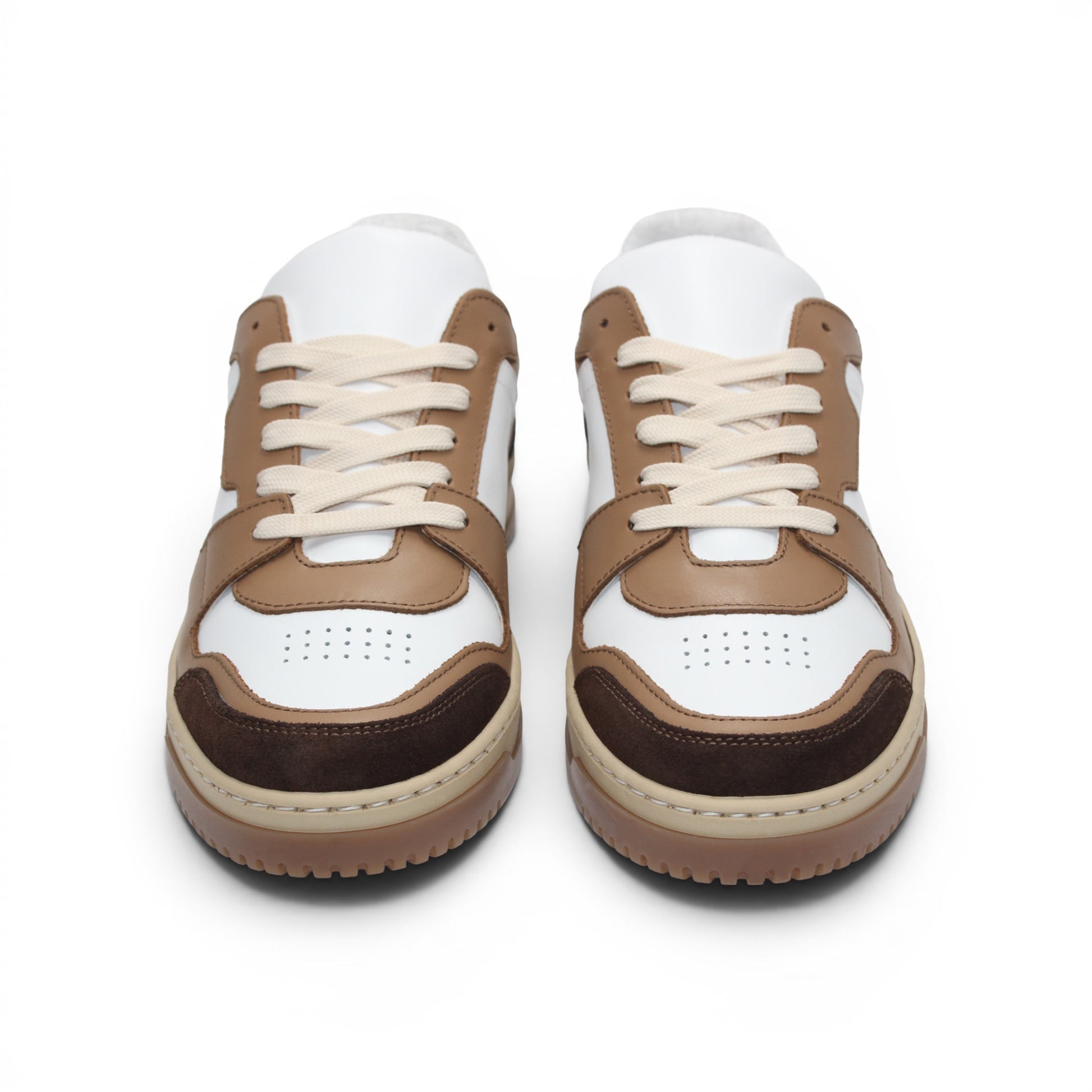 The Duca Di Matiste Duca DC80 Brown Combo is a low-top sneaker featuring a white upper, brown and tan overlays, beige laces, and a light brown sole, crafted from premium calf leather for casual elegance.