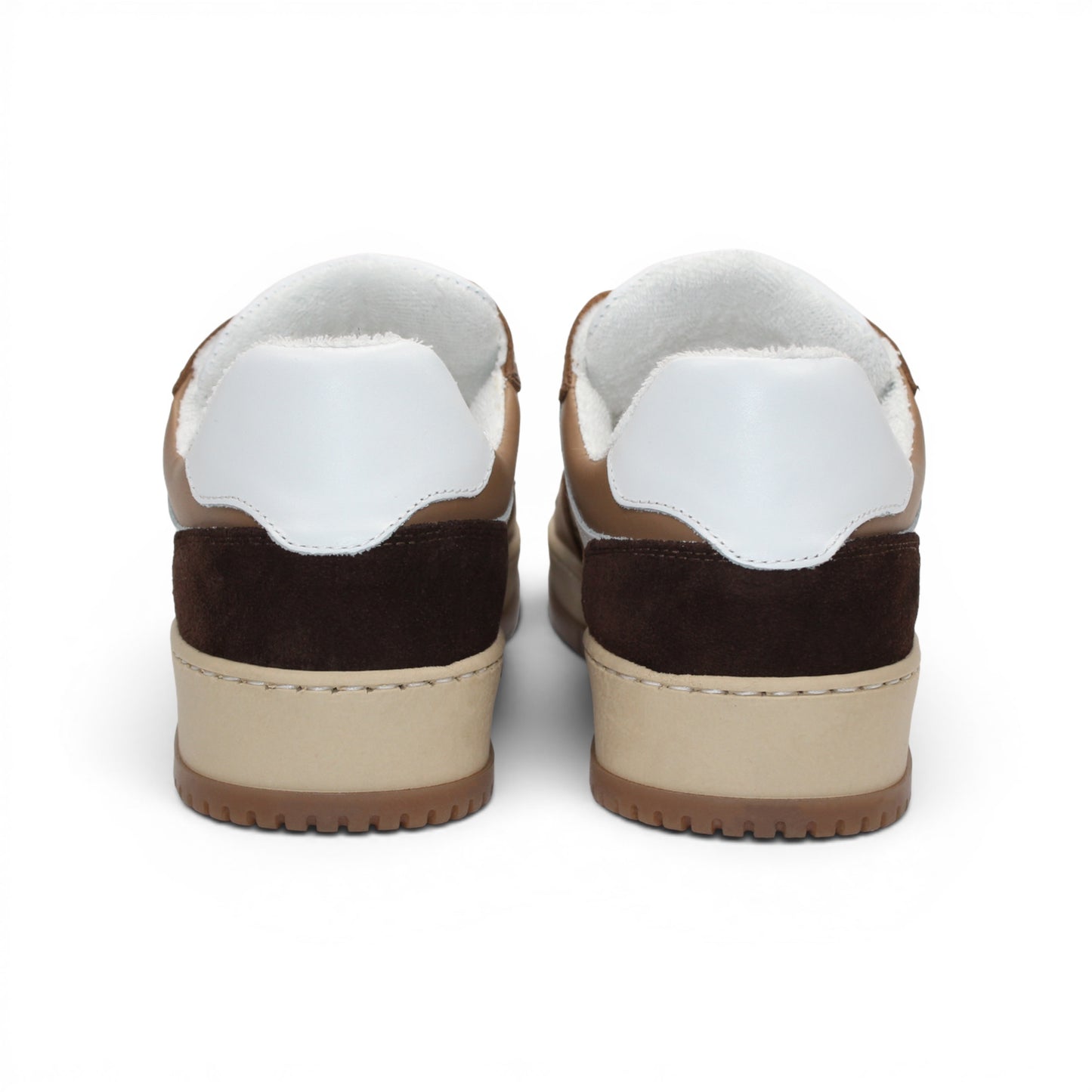 The Duca Di Matiste Duca DC80 Brown Combo is a low-top sneaker featuring a white upper, brown and tan overlays, beige laces, and a light brown sole, crafted from premium calf leather for casual elegance.