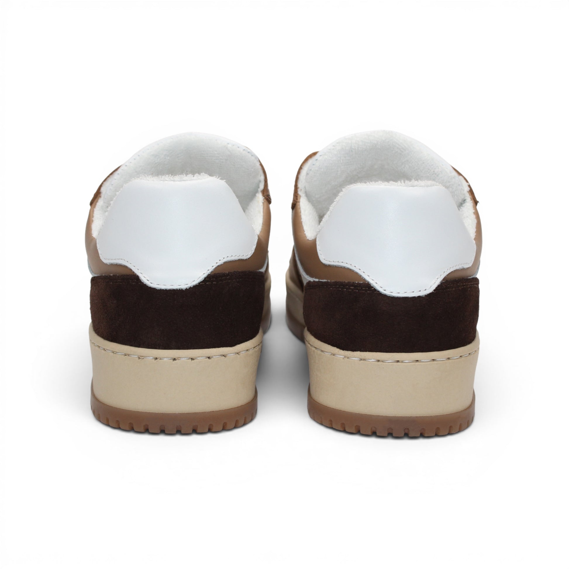 The Duca Di Matiste Duca DC80 Brown Combo is a low-top sneaker featuring a white upper, brown and tan overlays, beige laces, and a light brown sole, crafted from premium calf leather for casual elegance.
