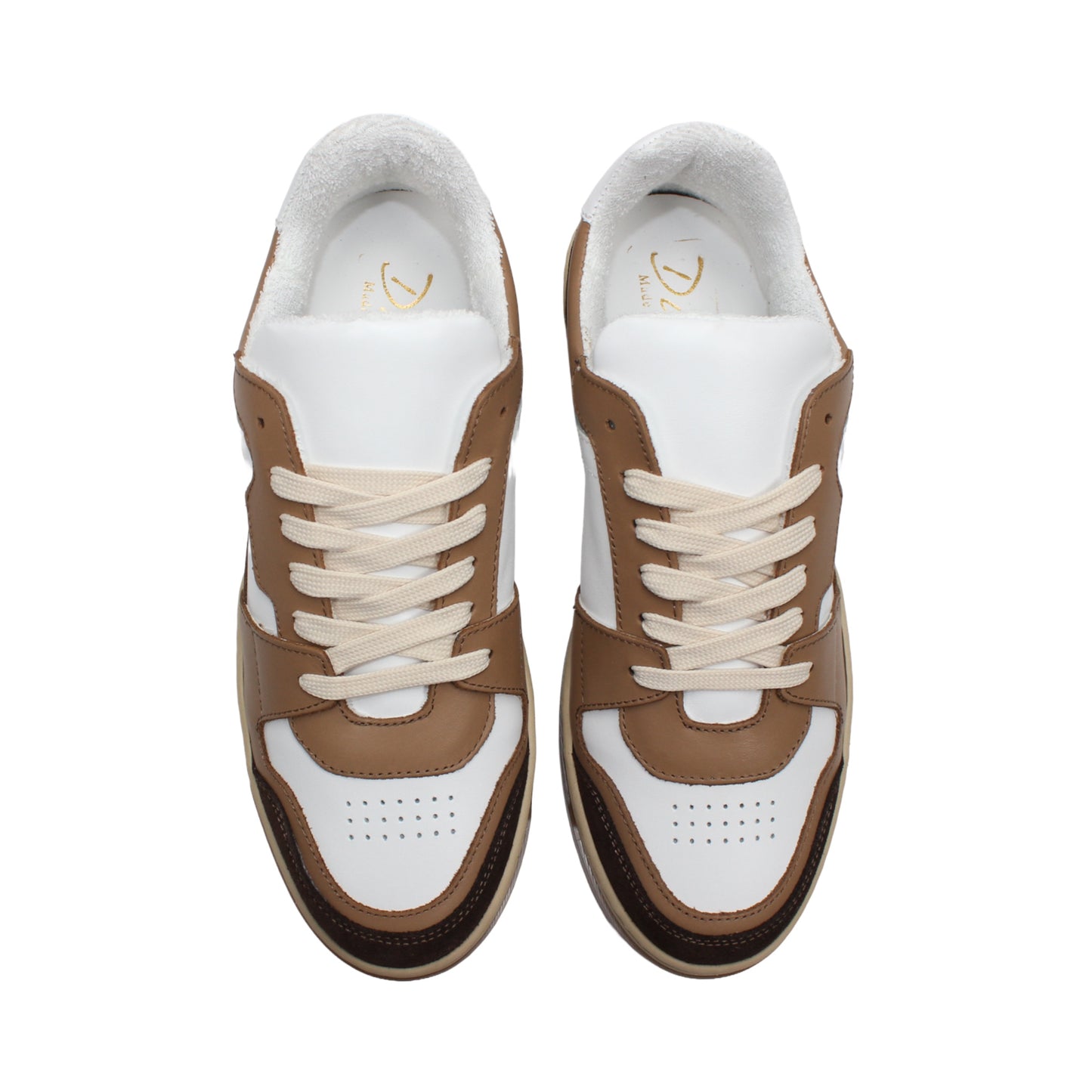 The Duca Di Matiste Duca DC80 Brown Combo is a low-top sneaker featuring a white upper, brown and tan overlays, beige laces, and a light brown sole, crafted from premium calf leather for casual elegance.