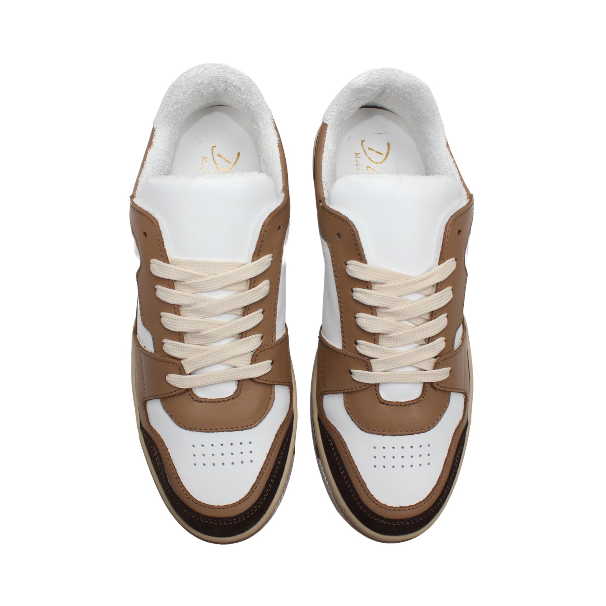 The Duca Di Matiste Duca DC80 Brown Combo is a low-top sneaker featuring a white upper, brown and tan overlays, beige laces, and a light brown sole, crafted from premium calf leather for casual elegance.