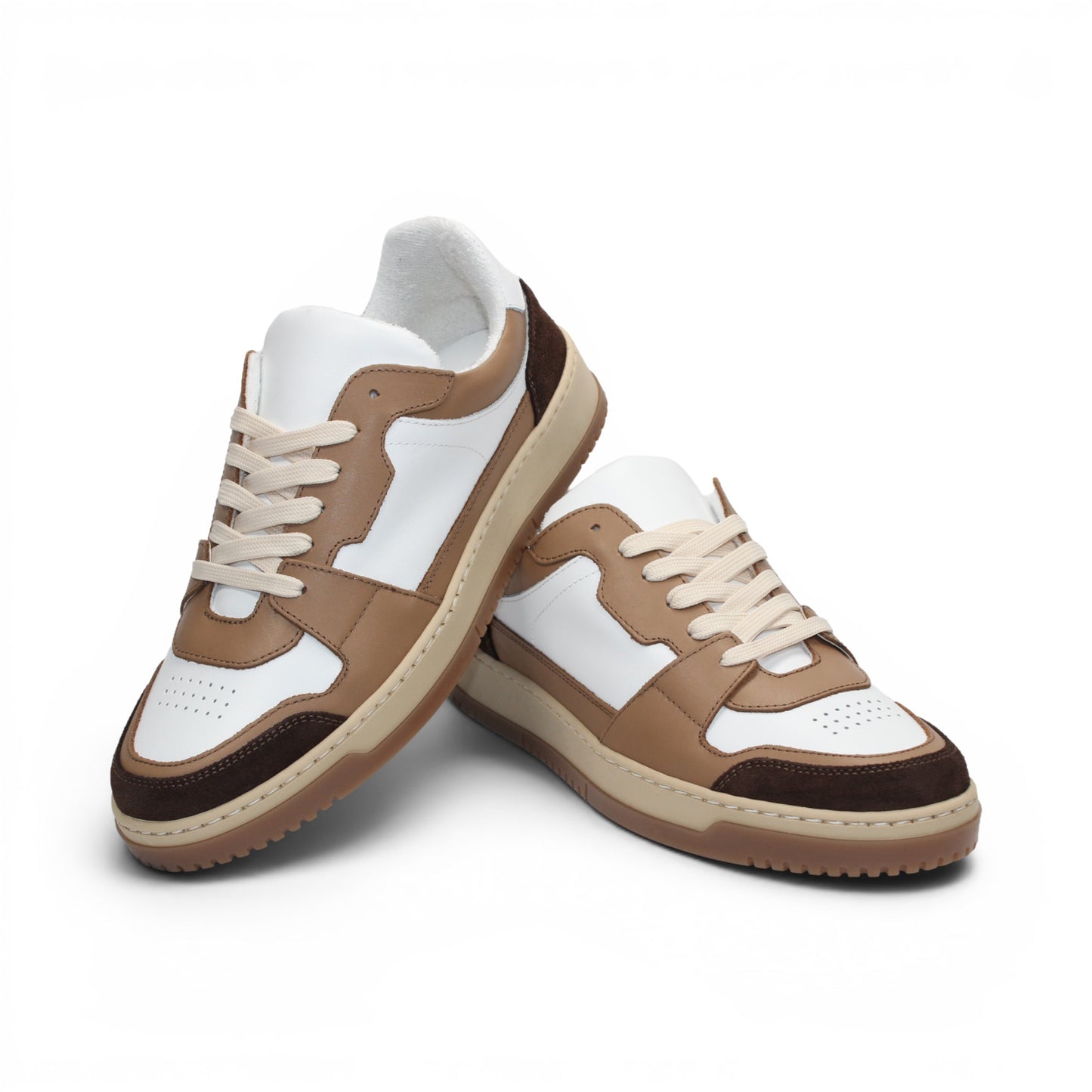 The Duca Di Matiste Duca DC80 Brown Combo is a low-top sneaker featuring a white upper, brown and tan overlays, beige laces, and a light brown sole, crafted from premium calf leather for casual elegance.