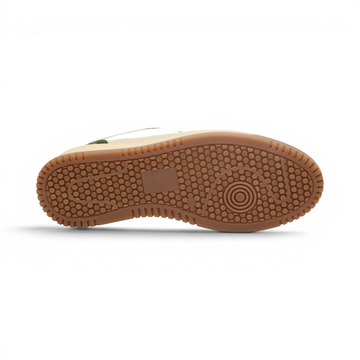 The Duca Di Matiste Duca DC80 Green Combo is a low-top Italian-crafted shoe in white, beige, and green calf leather and suede with beige laces and a light brown rubber sole, shown in side profile.