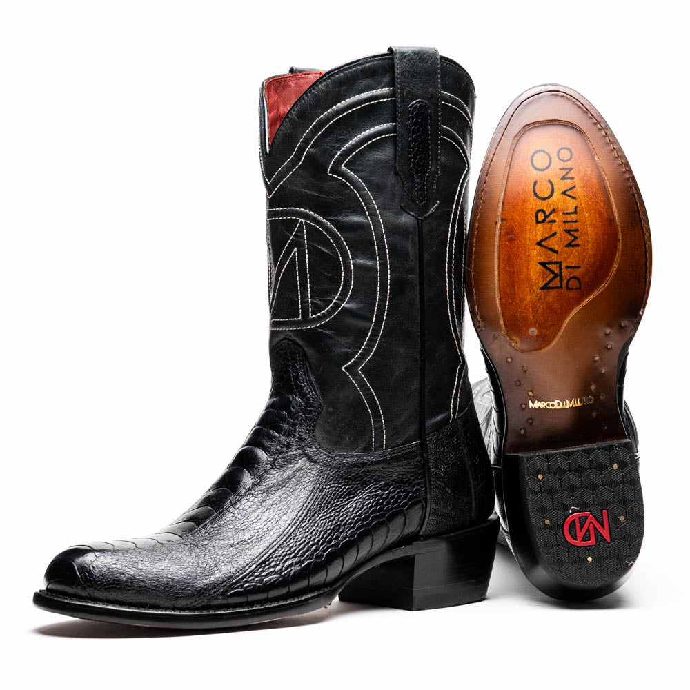 A pair of Denver Black cowboy boots by Marco Di Milano in genuine black ostrich leather, one upright and one displaying the sole with white stitching and the Marco Di Milano logo.