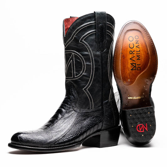 A pair of Denver Black cowboy boots by Marco Di Milano in genuine black ostrich leather, one upright and one displaying the sole with white stitching and the Marco Di Milano logo.