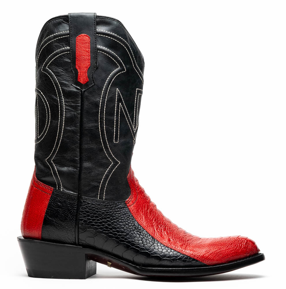 The Marco Di Milano Denver Red / Black boots feature red and black leather, a textured pattern, decorative stitching, and a branded sole—one boot stands upright while the other displays the sole.