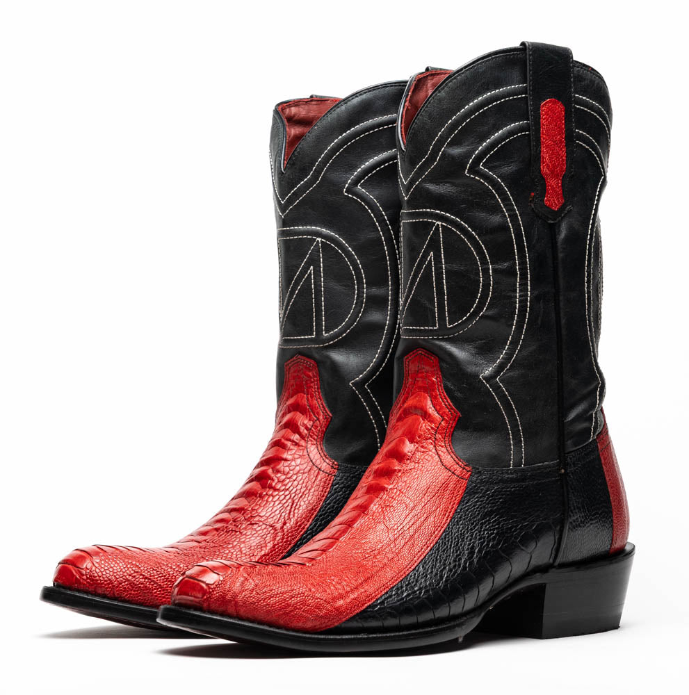 The Marco Di Milano Denver Red / Black boots feature red and black leather, a textured pattern, decorative stitching, and a branded sole—one boot stands upright while the other displays the sole.