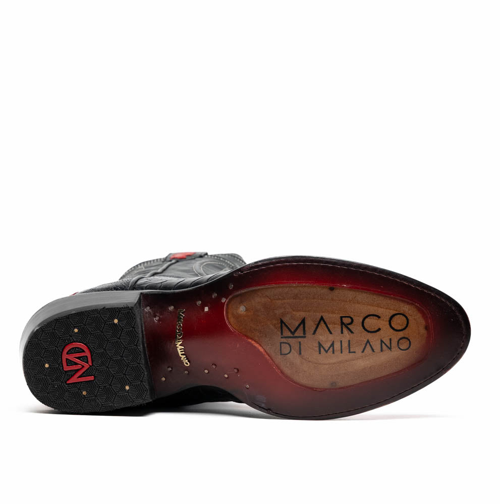 The Marco Di Milano Denver Red / Black boots feature red and black leather, a textured pattern, decorative stitching, and a branded sole—one boot stands upright while the other displays the sole.
