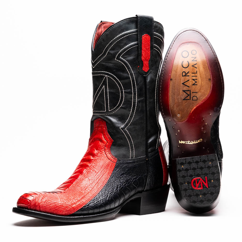 The Marco Di Milano Denver Red / Black boots feature red and black leather, a textured pattern, decorative stitching, and a branded sole—one boot stands upright while the other displays the sole.