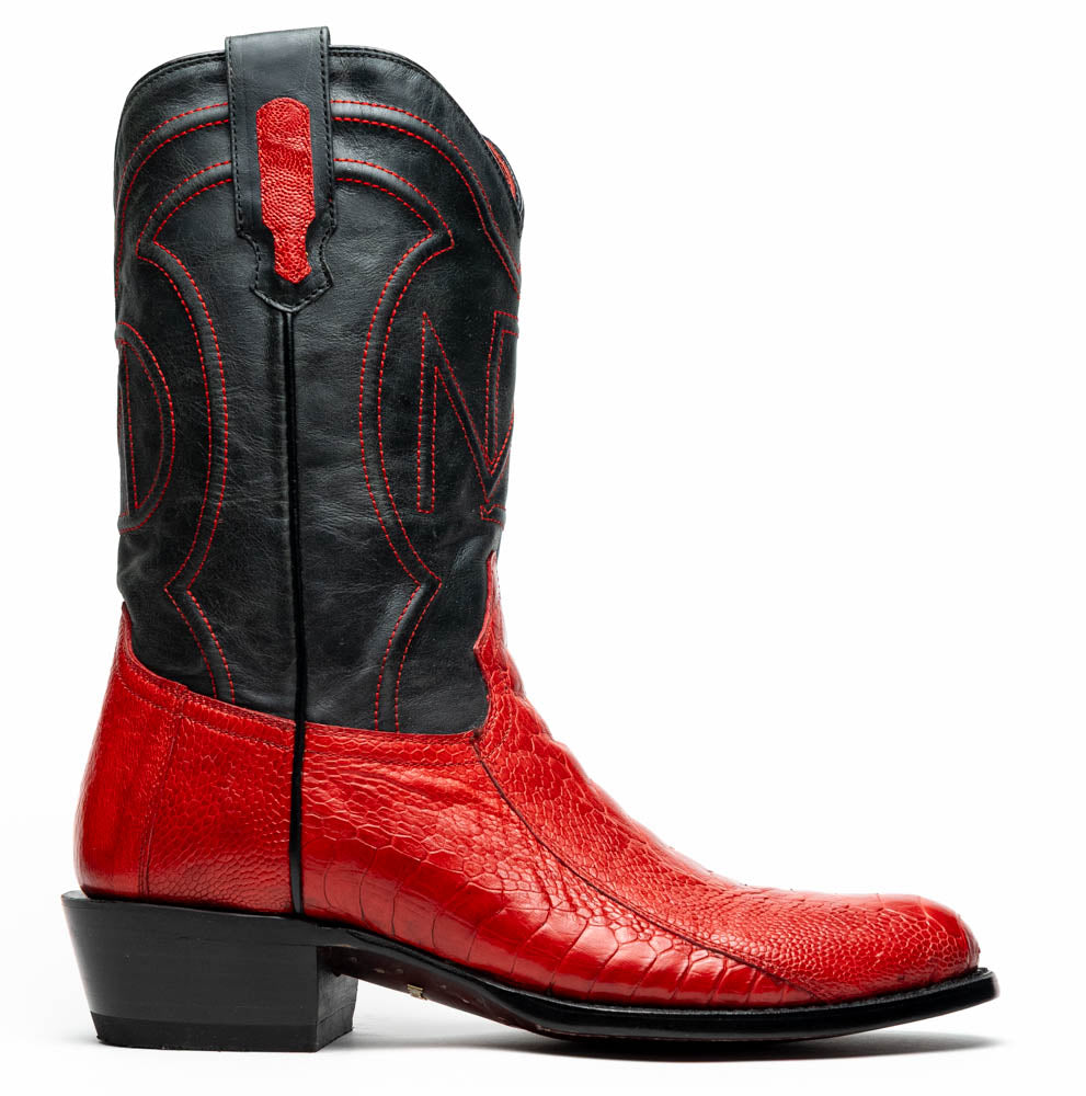 The Denver Red boots by Marco Di Milano feature bold red and black genuine ostrich skin—one boot upright, one showing the sole with the signature logo—for a striking, luxurious Western style.