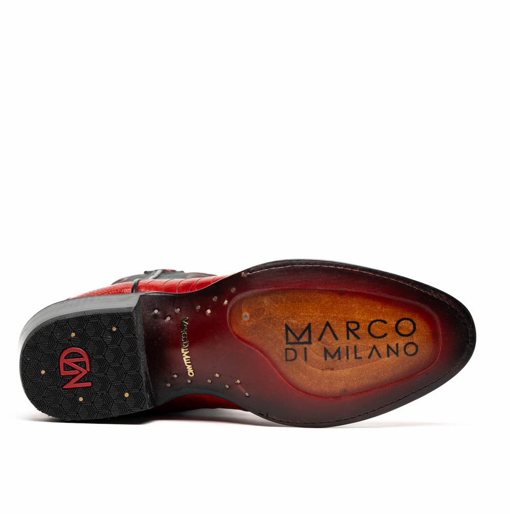 The Denver Red boots by Marco Di Milano feature bold red and black genuine ostrich skin—one boot upright, one showing the sole with the signature logo—for a striking, luxurious Western style.