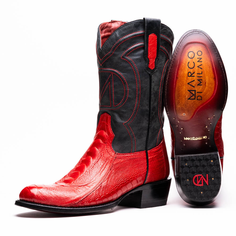 The Denver Red boots by Marco Di Milano feature bold red and black genuine ostrich skin—one boot upright, one showing the sole with the signature logo—for a striking, luxurious Western style.