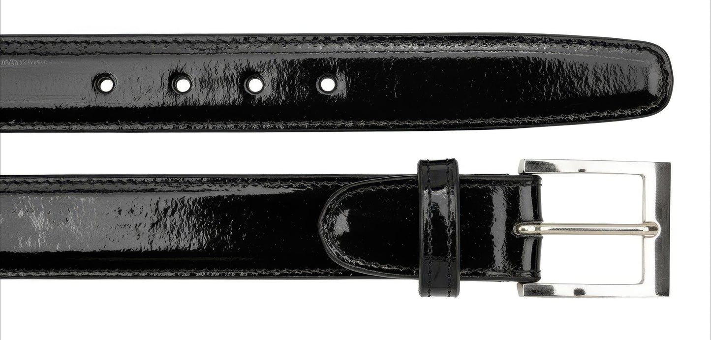 The BELVEDERE Belvedere Eel Belt Black 2002 features shiny black eel leather, a silver rectangular buckle, five adjustment holes, and is shown both straight and fastened. Adjustable and available in size 44.