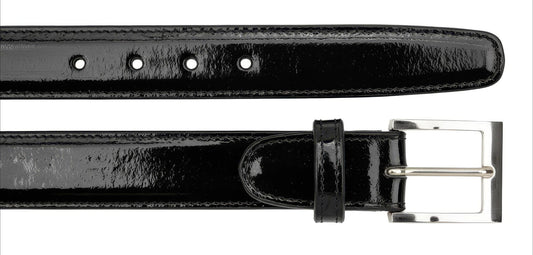 The BELVEDERE Belvedere Eel Belt Black 2002 features shiny black eel leather, a silver rectangular buckle, five adjustment holes, and is shown both straight and fastened. Adjustable and available in size 44.