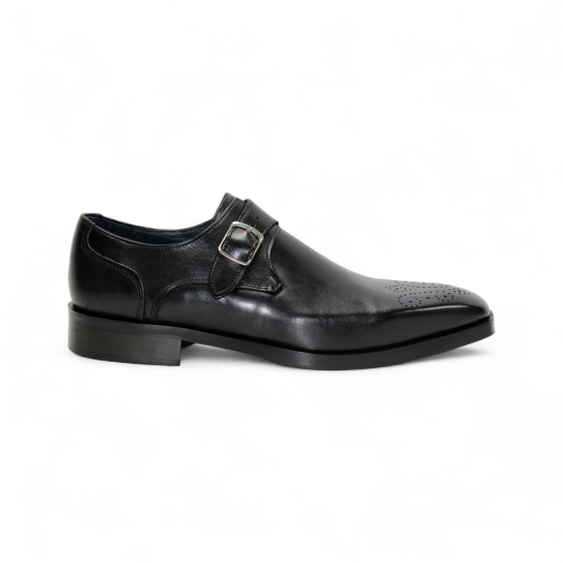 The Firmani Duncan Black by Firmani is a black Italian leather dress shoe featuring a single silver buckle strap and perforated toe detailing, displayed in side view against a white background.