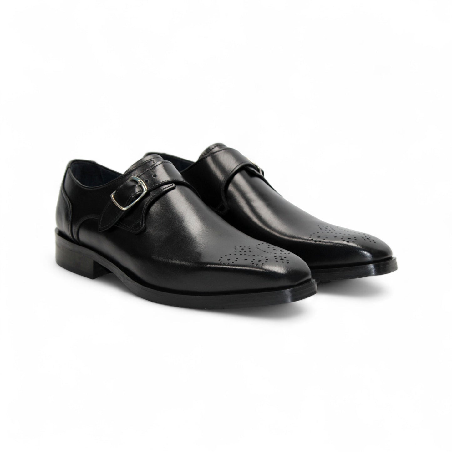 The Firmani Duncan Black by Firmani is a black Italian leather dress shoe featuring a single silver buckle strap and perforated toe detailing, displayed in side view against a white background.