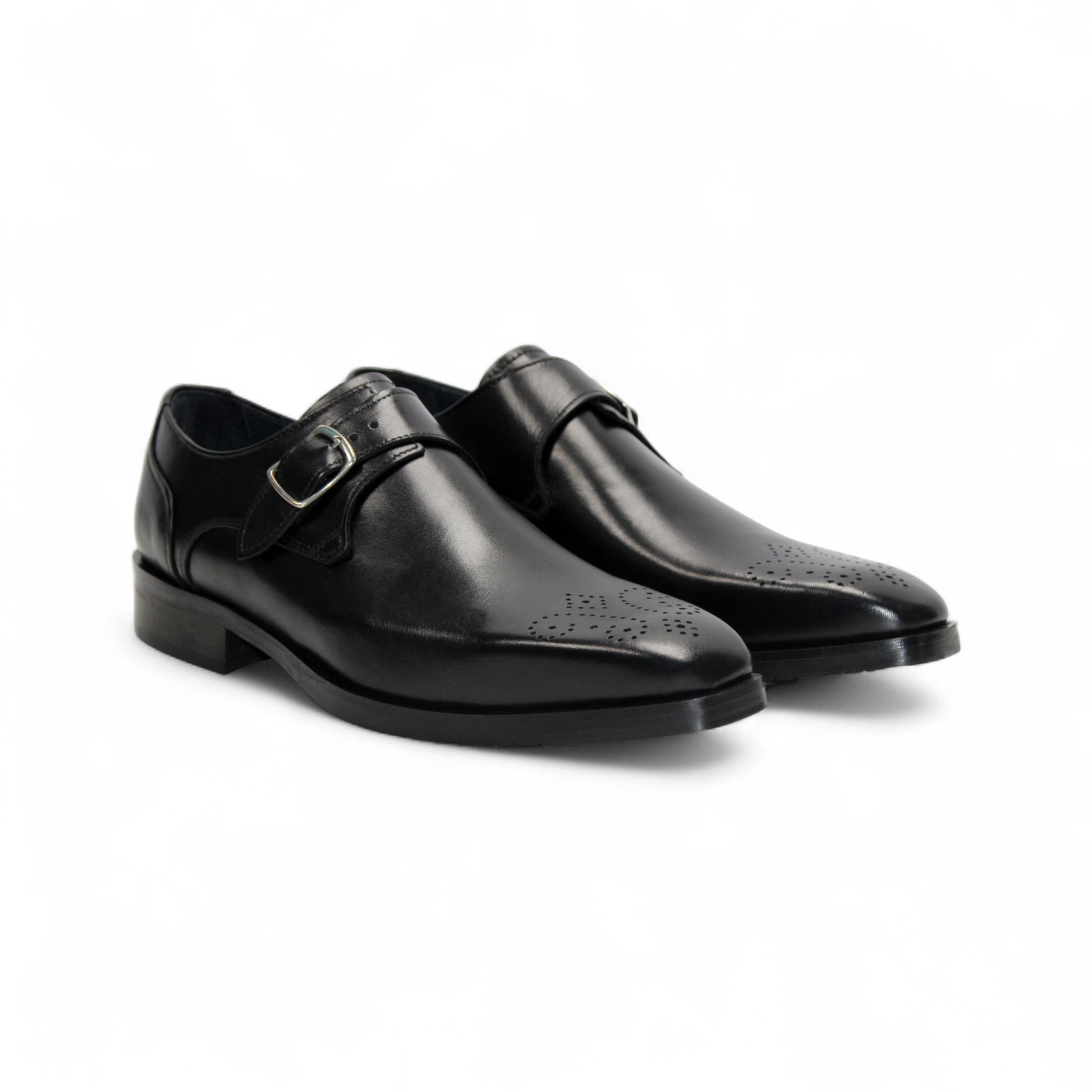 The Firmani Duncan Black by Firmani is a black Italian leather dress shoe featuring a single silver buckle strap and perforated toe detailing, displayed in side view against a white background.